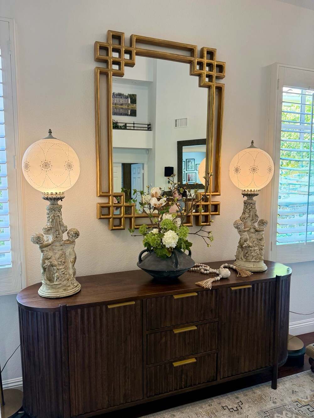 Monumental Vintage Hollywood Regency Cherub Globe Lamps – Pair